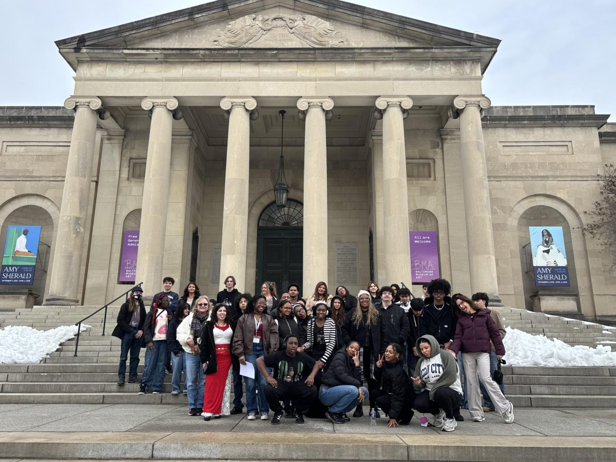 Students from the African American History classes gather outside of the Baltimore Museum of Art.